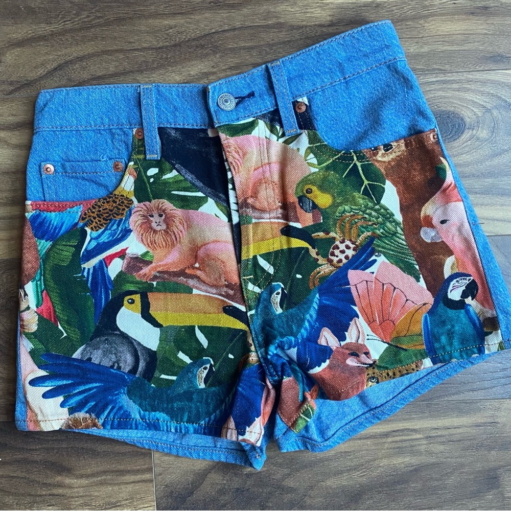 Levi’s FARM Rio Blue and Multicolor Animal Print Jean Ribcage Shorts